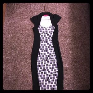 a long over the knee black and white dress,